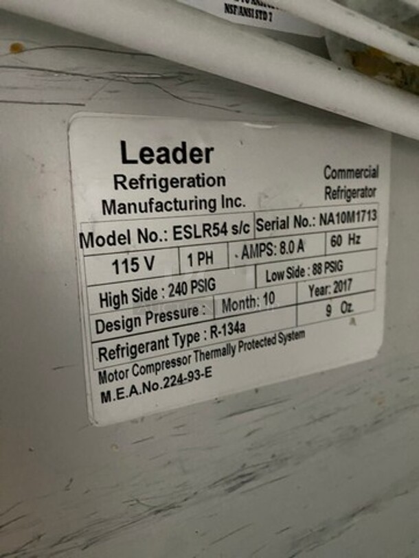 Leader Commercial 2 Door Reach In Cooler! With Poly Coated Racks! All Stainless Steel! Model: ESLR54 SN: NA10M1713 115V 60HZ 1 Phase - Image 6 of 7