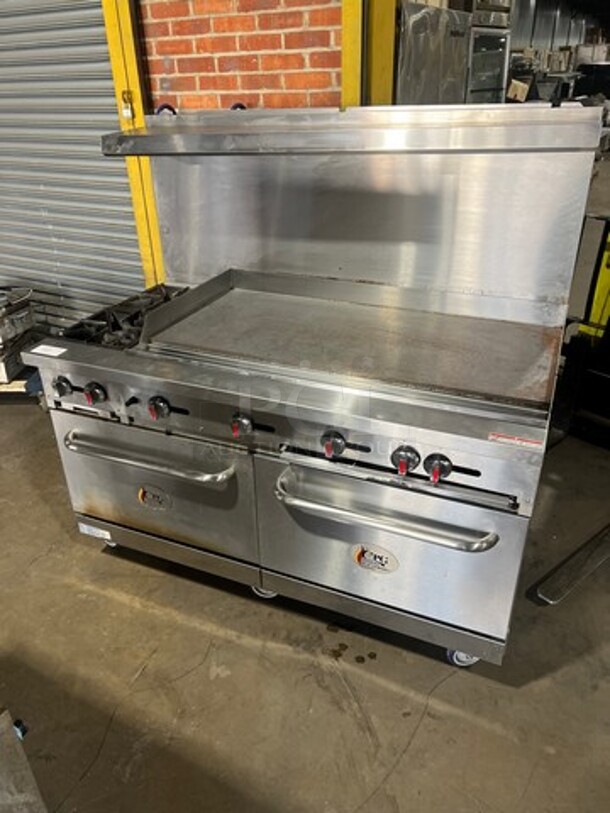 CPG Commercial LP Powered Flat Top Griddle Stove With Left Side 2 Burner! Griddle Has Side Splashes! With Raised Back Splash And Salamander Shelf! With 2 Oven Underneath! Metal Oven Racks! All Stainless Steel! On Casters! Model: S60G48L SN: 09227429 - Image 1 of 8