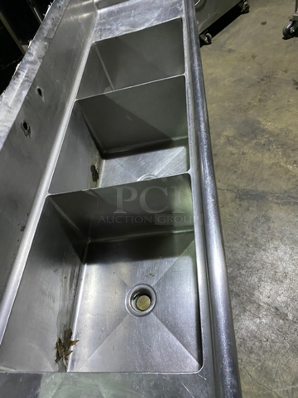 AMAZING! All Stainless Steel Commercial 3 Bay Dishwashing Sink! 3 Section Wash, Rinse, Sanitize! With Dual Drain Boards! On Legs! - Image 5 of 9
