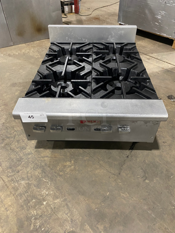 Wolf Commercial Countertop Natural Gas Powered 4 Burner Range! With Back Splash! Solid Stainless Steel! On Small Legs! Model: AHP4241 SN: 659090082