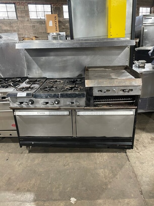 Garland Natural Gas Powered 6 Burner Stove With Raised 24" Flat Griddle & Cheese Melter Combo! With 2 Full Size Ovens Underneath!  With Backsplash & Overhead Salamander Shelf! On Legs! - Image 1 of 9