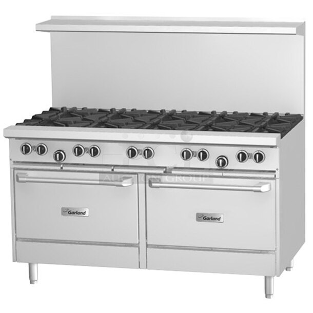 BRAND NEW SCRATCH AND DENT! 2023 Garland G60-G60RR Stainless Steel Commercial Natural Gas Powered 10 Burner Range w/ 2 Ovens, Over Shelf and Back Splash. 