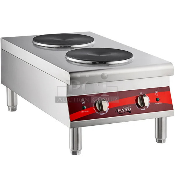 BRAND NEW SCRATCH AND DENT! Avantco 177CER200 Stainless Steel Commercial Dual Solid French-Style Burner Countertop Electric Rang. 208/240 Volts, 1 Phase.
