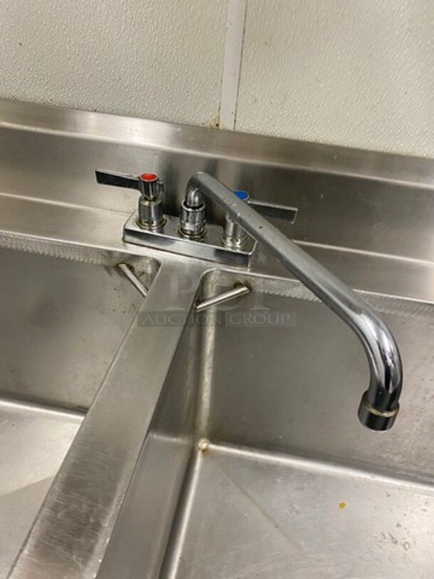 Commercial 2 Compartment Sink! With Dual Side Drain Board! With Back Splash! With Faucet And Handles! All Stainless Steel! On Legs! - Image 5 of 7