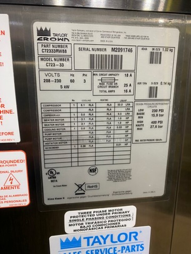 SWEET! Taylor Crown Commercial 3 Handle Ice Cream Machine! All Stainless Steel! On Casters! Model: C72333 SN: M2091746! 208/230V 60HZ 3 Phase! - Image 6 of 9