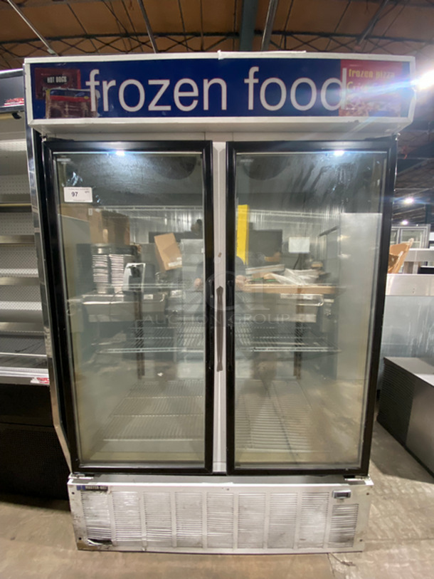 Master Bilt Commercial 2 Door Reach In Freezer Merchandiser! With View Through Doors! Poly Coated Racks! Model: BLG48HD SN: SU477729 115V 60HZ 1 Phase