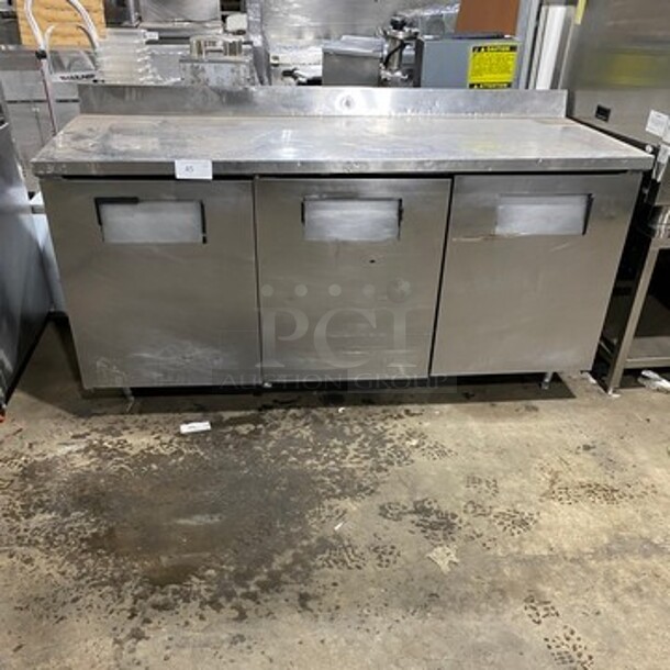 True Commercial 3 Door Lowboy/ Worktop Cooler! With poly Coated Racks! With Backsplash! All Stainless Steel! On Legs! Model: TWT72 SN: 13432767 115V 60HZ 1 Phase