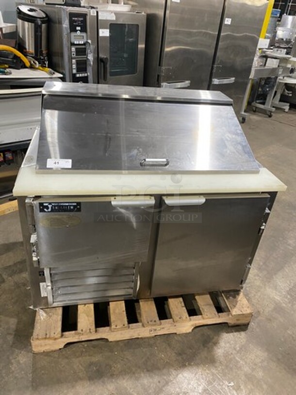 Leader Commercial Refrigerated Sandwich/Salad Prep Table! With Commercial Cutting Board! With 2 Door Storage Space Underneath! With Poly Coated Rack! All Stainless Steel! Model: LM48S/C SN: PW06M1003 115V 60HZ 1 Phase - Image 1 of 8