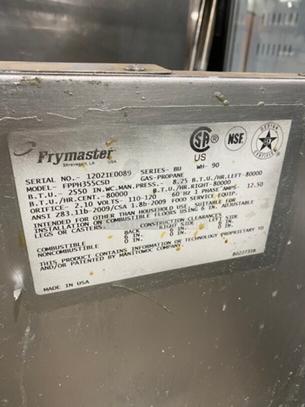 Frymaster Commercial LP Powered 3 Bay Deep Fat Fryer! With Metal Frying Baskets! All Stainless Steel! On Casters! Model: FPPH355CSD SN: 1202IE0089 - Image 11 of 12