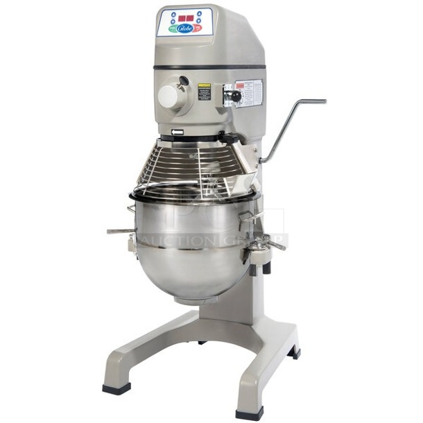 BRAND NEW SCRATCH & DENT! Globe SP30 30 Qt. Planetary Floor Mixer with Guard & Standard Accessories - 120V, 1 hp. S/N:73 24006 Right Leg is cracked. See photos.  - Image 1 of 7