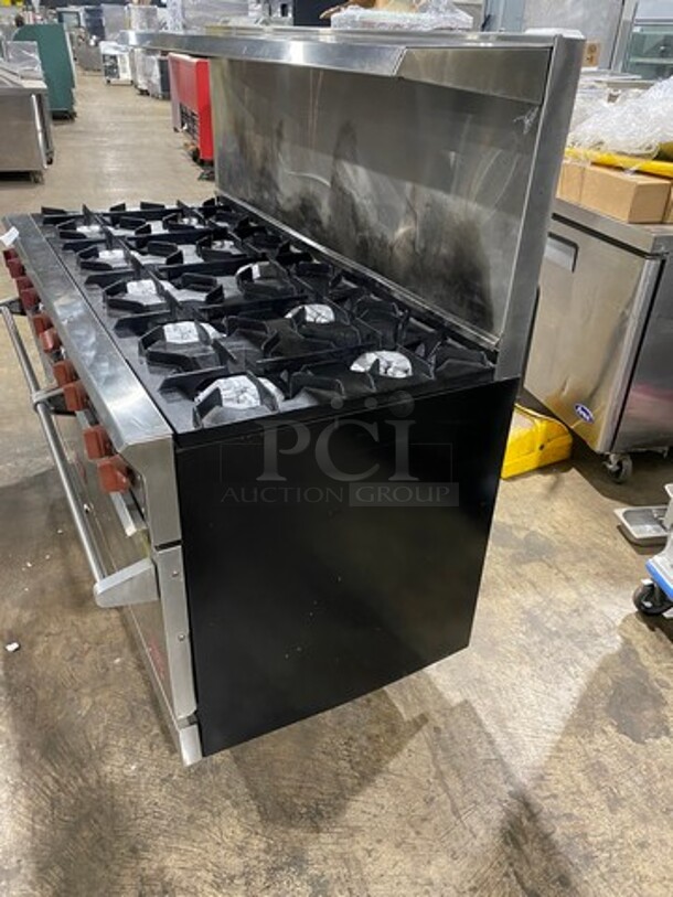 SWEET! DCS Commercial Natural Gas Powered 10 Burner Stove! With Raised Back Splash And Salamander Shelf! With 2 Oven Underneath! All Stainless Steel! On Casters! WORKING WHEN REMOVED! - Image 4 of 10