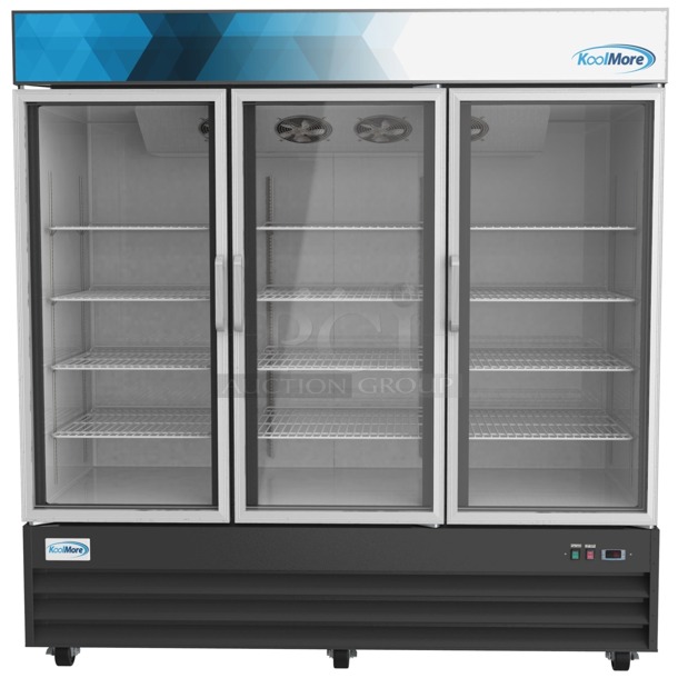 BRAND NEW SCRATCH & DENT! Koolmore MDR-3GD 78 in. Three-Door Merchandiser Refrigerator - 53 Cu Ft. Cosmetic Damage. Metal Piece on top is bent. Tested. Works.  - Image 1 of 5