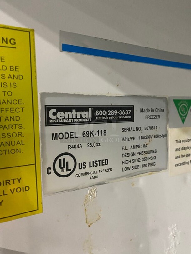 Central Commercial 2 Door Reach In Freezer Merchandiser! With Poly Coated Racks! Model 69K118 Serial 8078613! 115/230V 1Phase! - Image 8 of 9