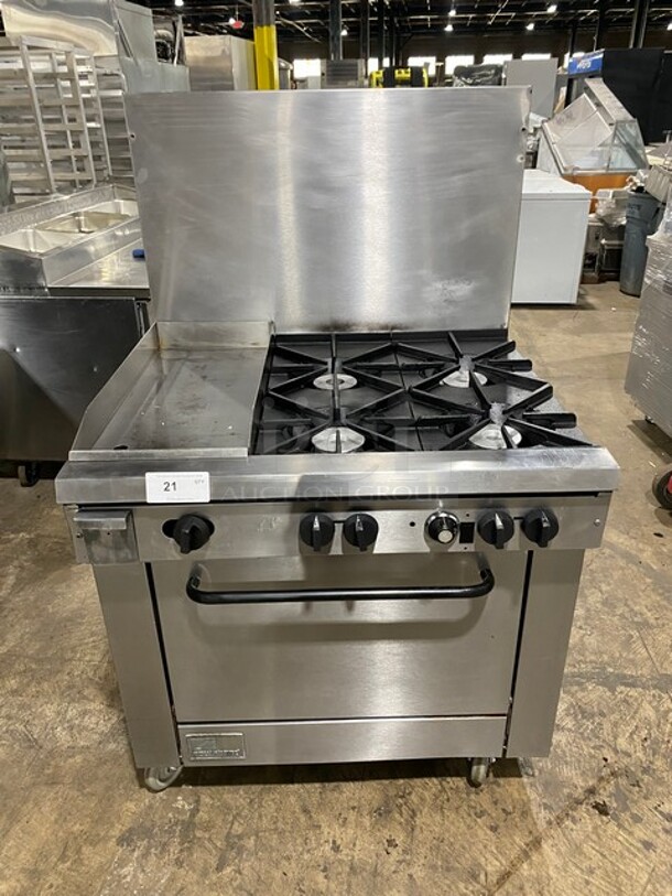 Southbend Heavy Duty Commercial Natural Gas Powered 4 Burner Stove! With Raised Back Splash! With Oven Underneath! All Stainless Steel! On Casters! Model: P32D-BBB SN: 05M09248! - Image 1 of 11