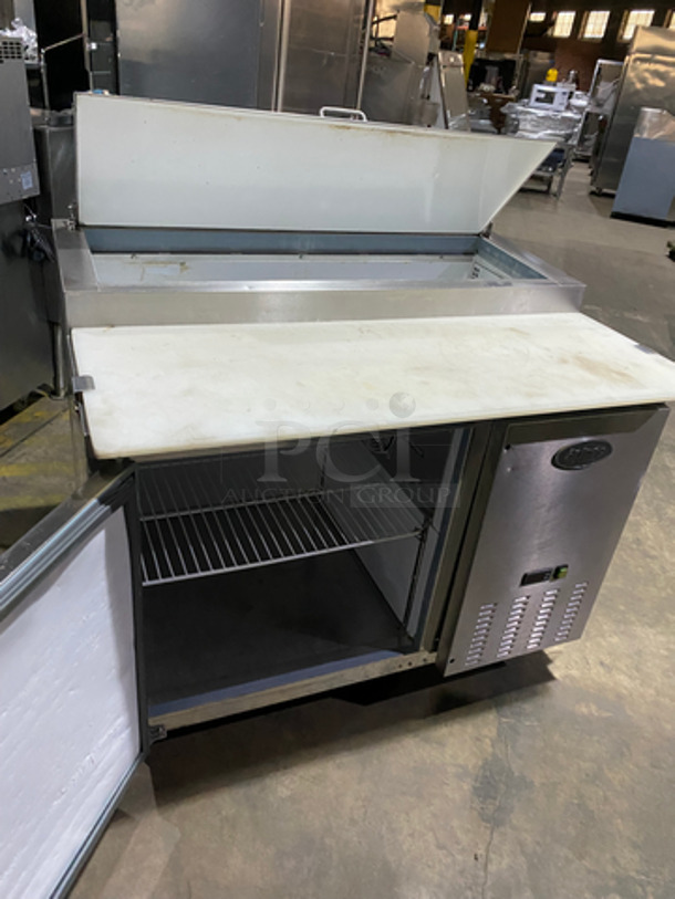 NICE! Entree Refrigerated Pizza Prep Table! With Cold Top! With Commercial Cutting Board! Single Door Storage Area Underneath! With Poly Coated Rack! All Stainless Steel! On Casters! Model: P47 SN: 1402ENTH04423 115V 60HZ 1 Phase - Image 5 of 11