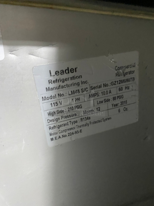 Leader Commercial Refrigerated Sandwich/Salad Prep Table! With Wooden Cutting Board! With 2 Door Storage Space Underneath! With Poly Coated Rack! All Stainless Steel! On Casters! Model: LM48 SN: GZ12M0807B 115V 60HZ 1 Phase - Image 7 of 9