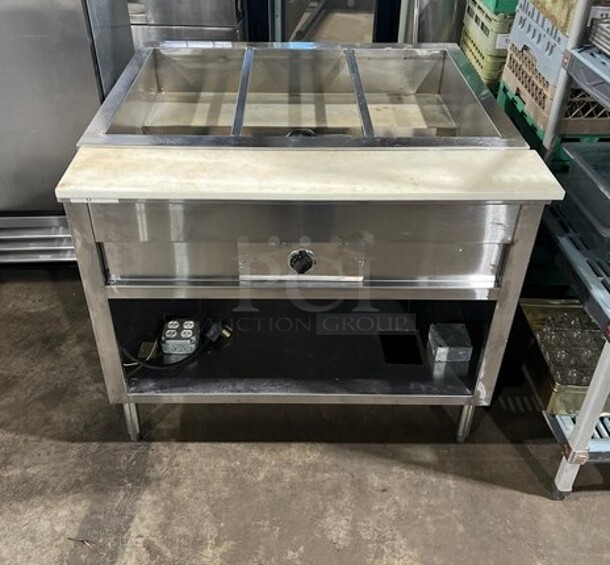 GREAT! Commercial Electric Powered 3 Bay Steam Table! With Storage Space Underneath! All Stainless Steel! With Full Size Removable Cutting Board! On Legs!  - Image 2 of 10