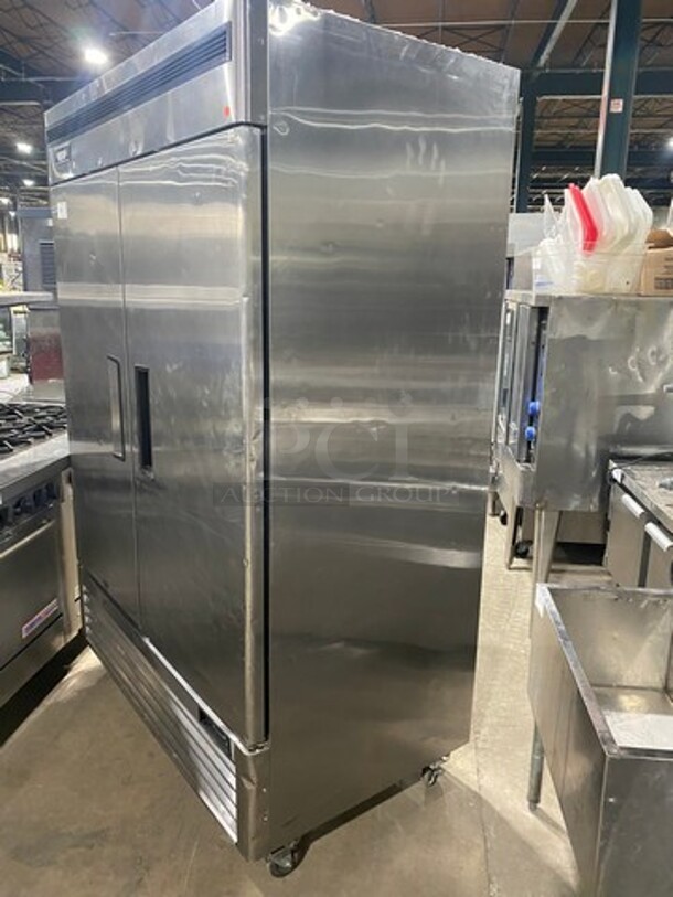 Bison Stainless Steel Commercial 2 Door Reach In Cooler! With Poly Coated Racks! On Commercial Casters!  - Image 2 of 8