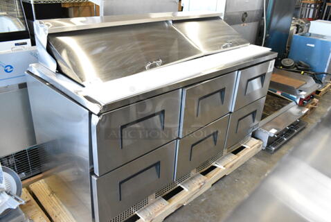BRAND NEW SCRATCH AND DENT! 2024 True TFP-72-30M-D-6 Stainless Steel Commercial 6 Drawer Mega Top Refrigerated Sandwich Prep Table. 115 Volts, 1 Phase. Tested and Working!