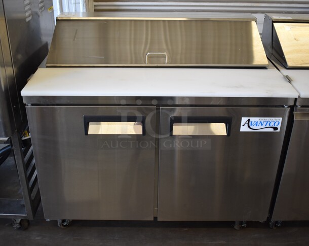 Avantco 178APT48HC Stainless Steel Commercial Sandwich Salad Prep Table Bain Marie Mega Top on Commercial Casters. 115 Volts, 1 Phase. 47x30.5x42.5. Tested and Powers On But Does Not Get Cold