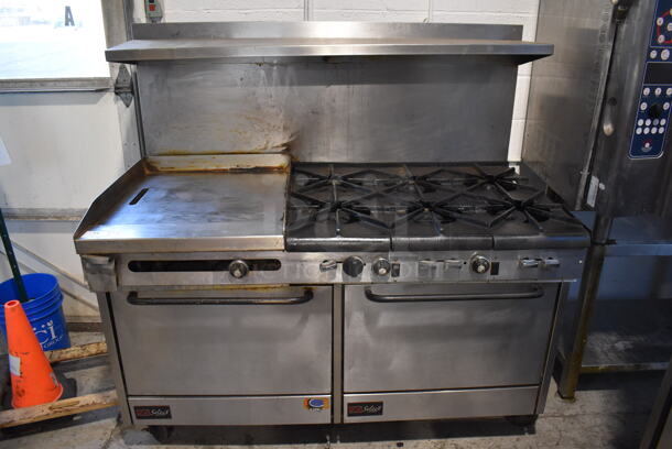 Southbend Select Stainless Steel Commercial Natural Gas Powered 6 Burner Range w/ Flat Top Griddle, Convection Oven, Oven, Over Shelf and Back Splash on Commercial Castesr. 61x35x60