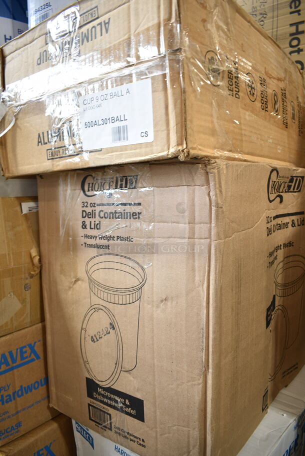 PALLET LOT of 40 BRAND NEW Boxes Including 5001RTSELNAT Lavex Select 1-Ply Natural Kraft Paper Towel Roll, 665 Feet / Roll - 6/Case, 130ROLLKFSSH Visions 18" x 15 1/2" Pre-Rolled Linen-Feel White Napkin and Hammersmith Heavy Weight Silver Plastic Cutlery Set - 100/Case, 500AL301BALL Ball 9 oz. Customizable Aluminum Cup with Ball Logo Design - 645/Case, 128HD32COMBO ChoiceHD 32 oz. Microwavable Translucent Plastic Deli Container and Lid Combo Pack - 240/Case, 394325L Noble NexGen Powder-Free Disposable Blue Hybrid 3 Mil Thick Gloves - Large - 1000/Case, 50010CAFE Choice 10 oz. Cafe Print Poly Paper Hot Cup - 1000/Case, 2 Box 5001RT800B Lavex 8" White Hardwound Paper Towel, 800 Feet / Roll - 6/Case, 2 Box 395RPO9 EcoChoice Compostable Sugarcane / Bagasse 9" Plate - 500/Case, 128HD16BULK ChoiceHD 16 oz. Microwavable Translucent Plastic Deli Container - 480/Case, 150300414 Bagcraft EcoCraft 6" x 6 1/2" Grease-Resistant Sandwich Bag - 2000/Case, 347RPBD10WHS Visions 10" White Plastic Plate with Silver Bands - 120/Case. 40 Times Your Bid! - Image 3 of 12