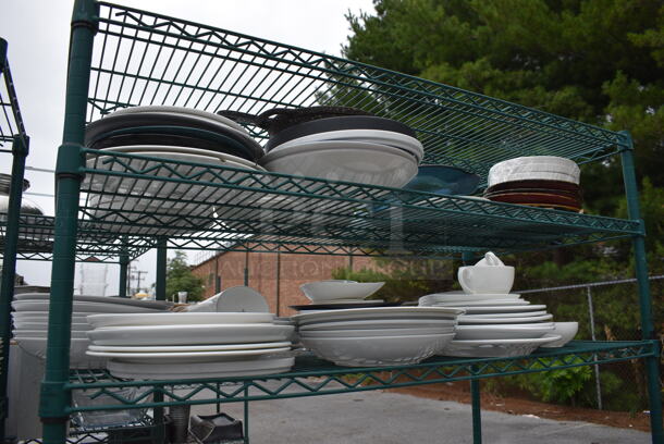 ALL ONE MONEY! Lot of 6 Tiers of Various Smallwares Including White Ceramic Plates, Mugs and Metal Bowls. Does Not Include Shelving Unit.  - Image 3 of 6