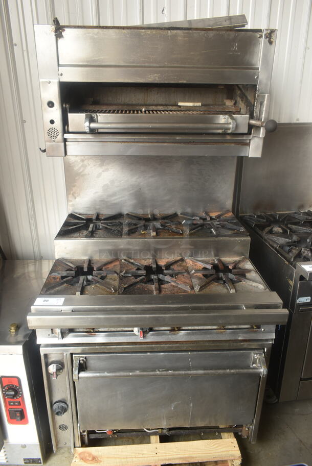 Jade Range Stainless Steel Commercial Natural Gas Powered 2 Tier 6 Burner Range w/ Oven, Salamander Cheese Melter and Back Splash. - Image 1 of 8