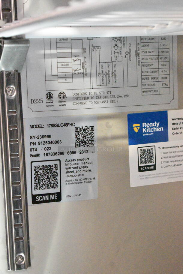 BRAND NEW SCRATCH AND DENT! 2023 Avantco 178SSUC48FHC Stainless Steel Commercial 2 Door Undercounter Freezer. Front 2 Legs are Missing. 115 Volts, 1 Phase. Tested and Working! - Image 5 of 5