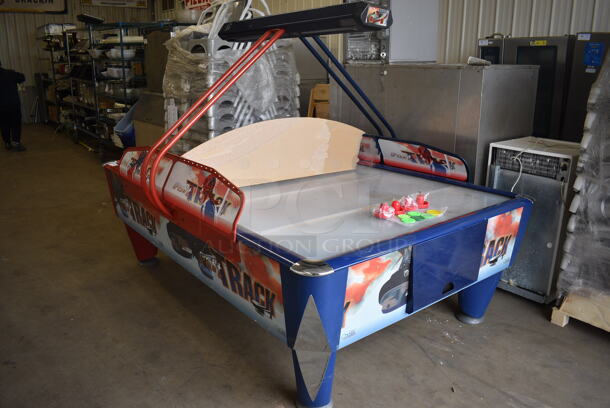 SAM Metal Commercial Floor Style Air Hockey Table w/ Bill and Coin Acceptor, 4 Pucks, 6 Pucks and Keys. 115 Volts, 1 Phase. 100x76x73. Tested and Working!