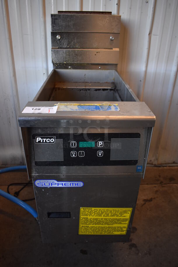 2020 Pitco Frialator SSH55 ENERGY STAR Stainless Steel Commercial Floor Style Natural Gas Powered Solstice Supreme Deep Fat Fryer. 80,000 BTU. 16x34.5x47