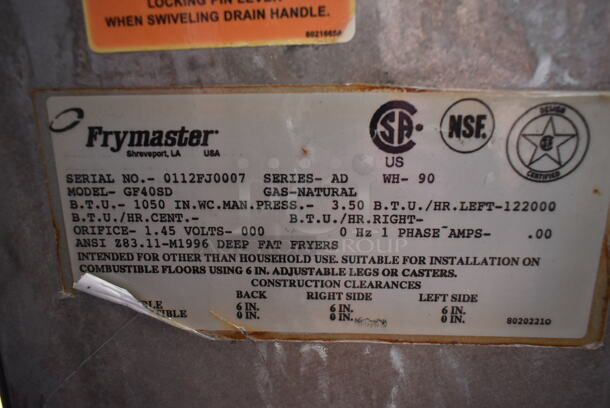 Frymaster GF40SD Stainless Steel Commercial Floor Style Natural Gas Powered Deep Fat Fryer. 122,000 BTU.  - Image 4 of 4