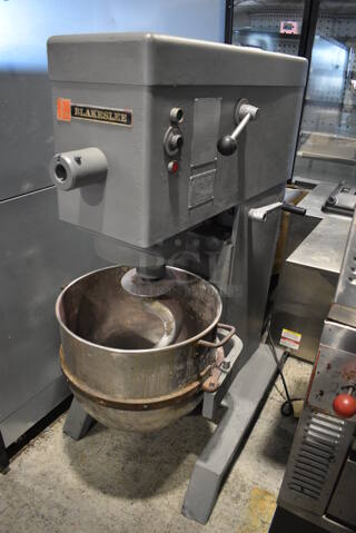 Blakeslee Model 11 Metal Commercial Floor Style 80 Quart Planetary Dough Mixer w/ Stainless Steel Mixing Bowl and Dough Hook Attachment. 208 Volts, 3 Phase. 30x43x58