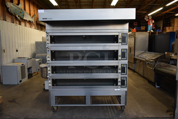 2017 Miwe CO 4.1408 Stainless Steel Commercial Floor Style Electric Powered 4 Deck Artisan Bakery Oven w/ Hood on Commercial Casters. 208 Volts, 3 Phase.