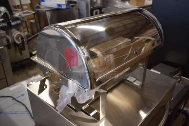 BRAND NEW SCRATCH AND DENT! Choice Deluxe 8 Qt. Full Size Chrome Accent Roll Top Chafer. Missing Handle.  - Image 5 of 9