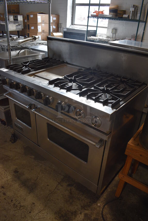 Viking Stainless Steel Commercial Floor Style Gas Powered 6 Burner Range w/ Flat Top Griddle, Convection Oven and Oven. 48x28x46 - Image 2 of 7