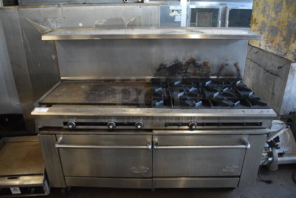 DCS Model 2-36G6-2N Stainless Steel Commercial Propane Gas Powered 6 Burner Range w/ Flat Top Griddle, 2 Ovens, Over Shelf and Back Splash on Commercial Casters. 72x32x57