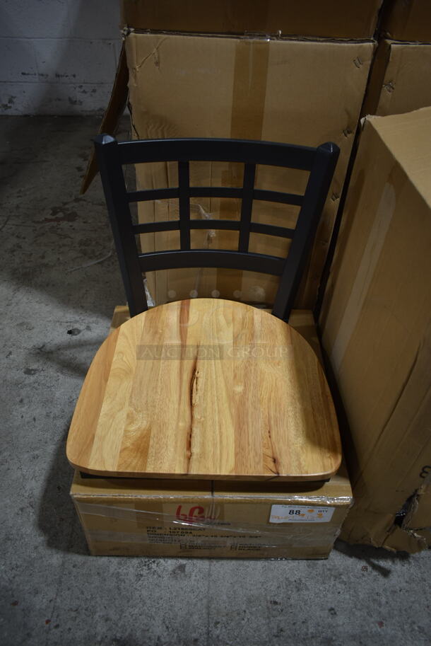 PALLET LOT of 12 Boxes of 6 BRAND NEW! BFM Seating 2163SUP-SB Black Metal Window Back Chairs w/ Natural Seat. No Legs. 12 Times Your Bid!