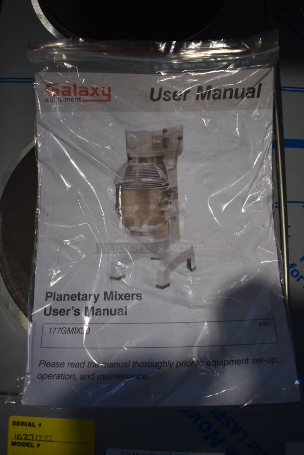 BRAND NEW SCRATCH AND DENT! Galaxy 177GMIX30 Metal Commercial Floor Style 30 Quart Planetary Dough Mixer w/ Stainless Steel Mixing Bowl, Bowl Guard, Dough Hook, Balloon Whisk and Paddle Attachments. Missing Fan. 110 Volts, 1 Phase. 22x26x46. Tested and Working! - Image 6 of 10