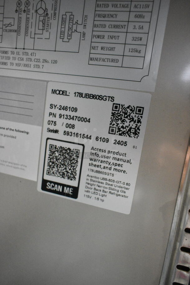 BRAND NEW SCRATCH AND DENT! 2024 Avantco 178UBB60SGTS 60" Stainless Steel Underbar Height Narrow Sliding Glass Door Back Bar Refrigerator with Galvanized Top and LED Lighting. Missing Doors. 115 Volts, 1 Phase. Cannot Test Due To Missing Power Components - Image 8 of 8