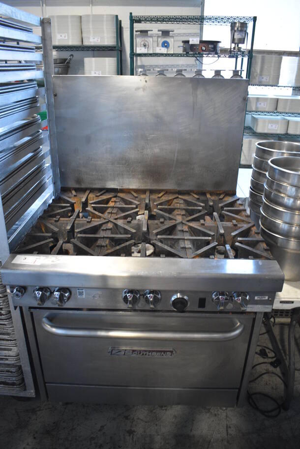 Southbend Model 4361D Stainless Steel Commercial Natural Gas Powered 6 Burner Range w/ Oven and Back Splash. 36.5x34x59.5