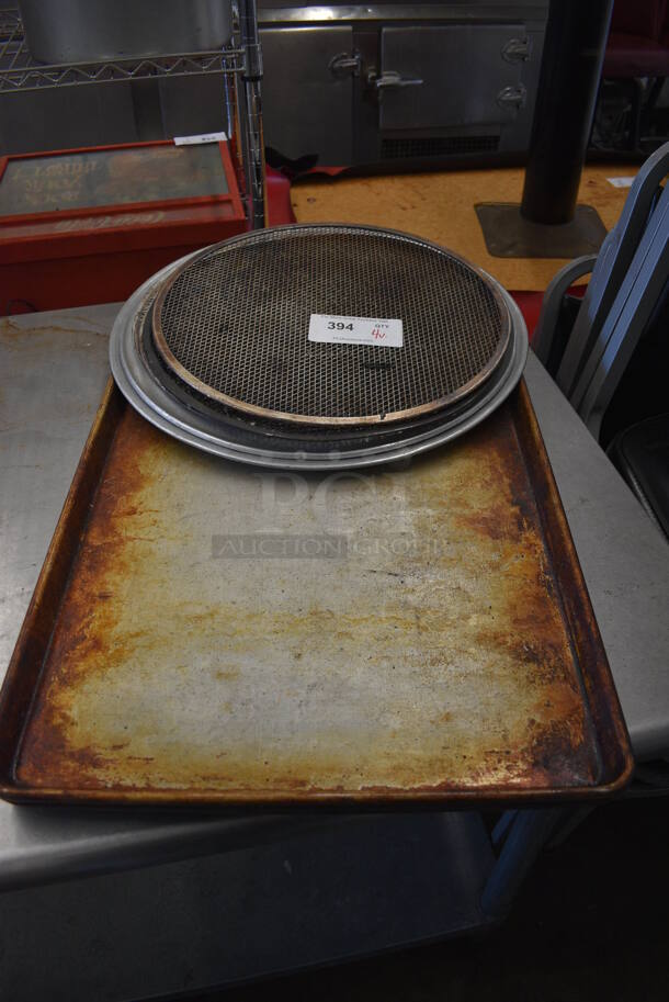 11 Metal Items; 7 Various Mesh Pizza Screens, 2 Pizza Pans and 2 Full Size Baking Pans. Includes 19x19, 16x16, 18x26x1. 11 Times Your Bid! - Image 4 of 4
