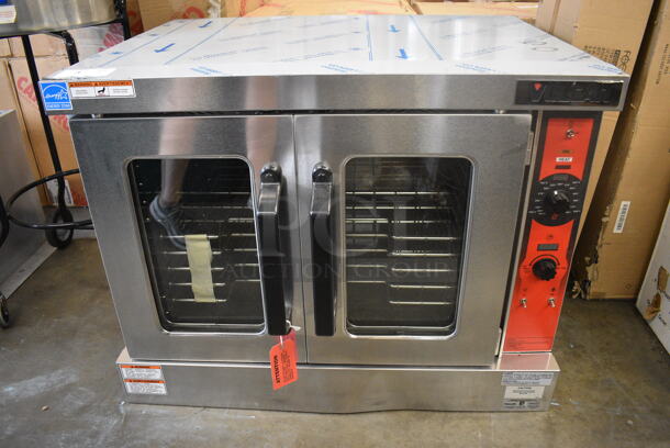 BRAND NEW SCRATCH AND DENT! Vulcan Model VC5GD-11D1Z Stainless Steel Commercial Gas Powered Full Size Convection Oven w/ View Through Doors, Metal Oven Racks and Thermostatic Controls. 40x32x31
