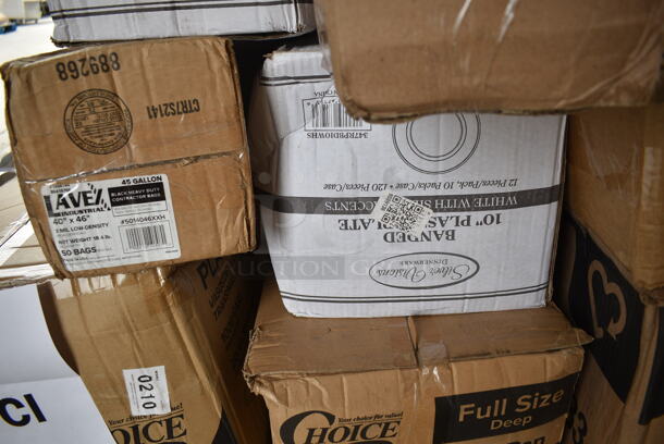 PALLET LOT of 26 BRAND NEW Boxes Including 347RPBD10WHS Visions 10" White Plastic Plate with Silver Bands - 120/Case, 5014046XXH Lavex Pro 45 Gallon 3 Mil 40" x 46" Low Density Heavy-Duty Industrial Contractor Black Trash Bag / Can Liner - 50/Case, 612605070 Choice Full Size Foil Steam Table Pan Deep 3 3/8" Depth - Full Size Deep - 50/Case, 500CC16 Choice Clear PET Customizable Plastic Cold Cup - 16 oz. - 1000/Case, 2 Box 129MCS28B Choice 28 oz. Black Rectangular Microwavable Heavy Weight Container with Lid 8 3/4" x 6 1/4" x 1 3/4" - 150/Case, 500L1020B Choice Black Hot Paper Cup Travel Lid for 10-24 oz. Standard Cups and 8 oz. Squat Cups - 1000/Case, 9CPWCR Dart 9" 3 Compartment White Non-Laminated Round Foam Plate - 500/Case, 5014347HVY Hercules Trash Bags, 999P400C Choice 4 oz. Clear Plastic Souffle Cup / Portion Cup - 100/Pack, 600WS1236 Regency 18 Gauge Stainless Steel 12" x 36" Solid Wall Shelf, 795PTOKFT8 Choice Kraft Microwavable Folded Paper #8 Take-Out Container 6" x 4 3/4" x 2 1/2" - 300/Case, 966TALLFLDB Choice White Tall-Fold 6" x 13" Dispenser Napkin - 8000/Case. 26 Times Your Bid!  - Image 2 of 12