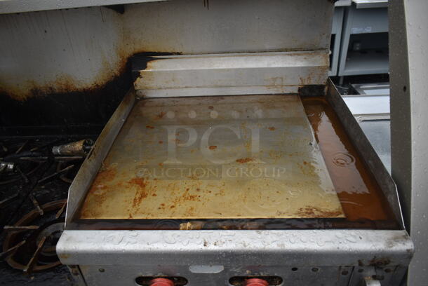 Franklin Chef Stainless Steel Commercial Natural Gas Powered 6 Burner Range w/ Right Side Flat Top Griddle, 2 Ovens, Over Shelf and Back Splash.  - Image 2 of 4