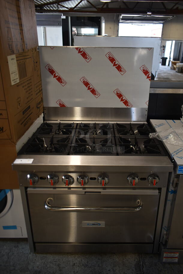 BRAND NEW SCRATCH AND DENT! 2023 KoolMore KM-CR-36-LP Stainless Steel Commercial Floor Style Propane Gas Powered 6 Burner Range w/ Oven and Back Splash. 210,000 BTU.  - Image 2 of 6