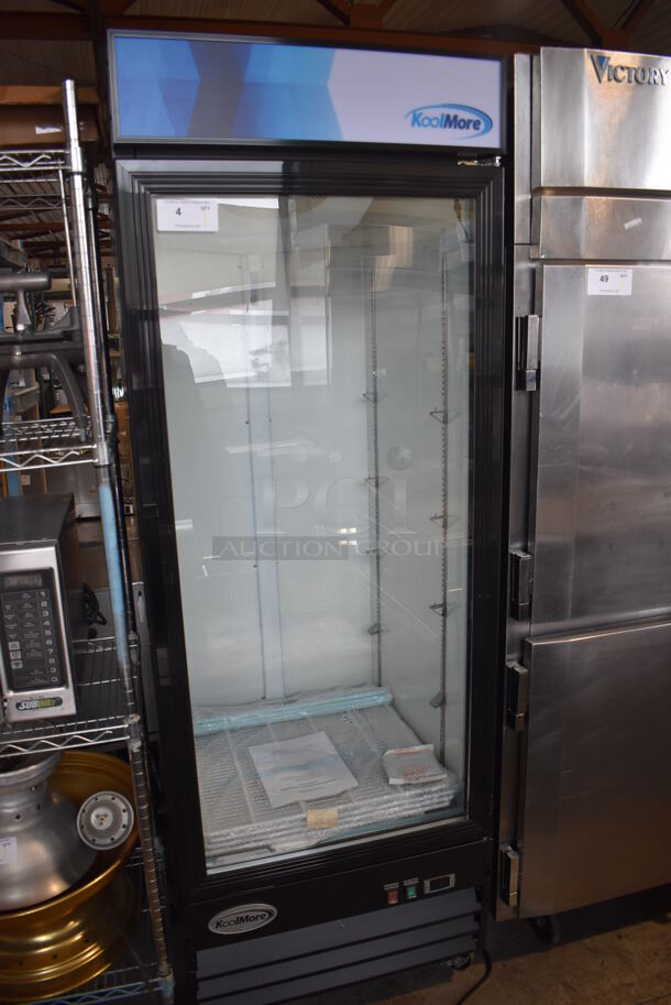 BRAND NEW SCRATCH AND DENT! KoolMore MDR-1D-23C Metal Commercial Single Door Reach In Cooler Merchandiser w/ Poly Coated Racks on Commercial Casters. 115 Volts, 1 Phase. 28x33.5x83. Tested and Working! - Image 3 of 6