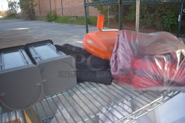 ALL ONE MONEY! Lot of Items Including Open Utility Shelf With Metro Style Shelving, Linens, Orange Salad Spinner With Lid, Trash Can, Dish Caddy, Picture Frames, Toilet Paper, Steel Baking Trays, Circular Steel Tins, AND MORE! BUYER MUST DISMANTLE. PCI CANNOT DISMANTLE FOR SHIPPING. PLEASE CONSIDER FREIGHT CHARGES. - Image 6 of 11