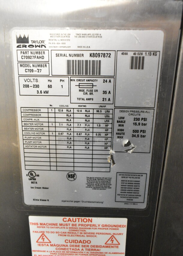 Taylor C709-27 Stainless Steel Commercial Floor Style Air Cooled Single Flavor Soft Serve Ice Cream Machine on Commercial Casters. 208-230 Volts, 1 Phase.  - Image 7 of 7