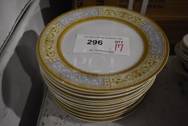 17 White Ceramic Plates w/ Patterned Rim. 9.5x9.5x1. 17 Times Your Bid!
